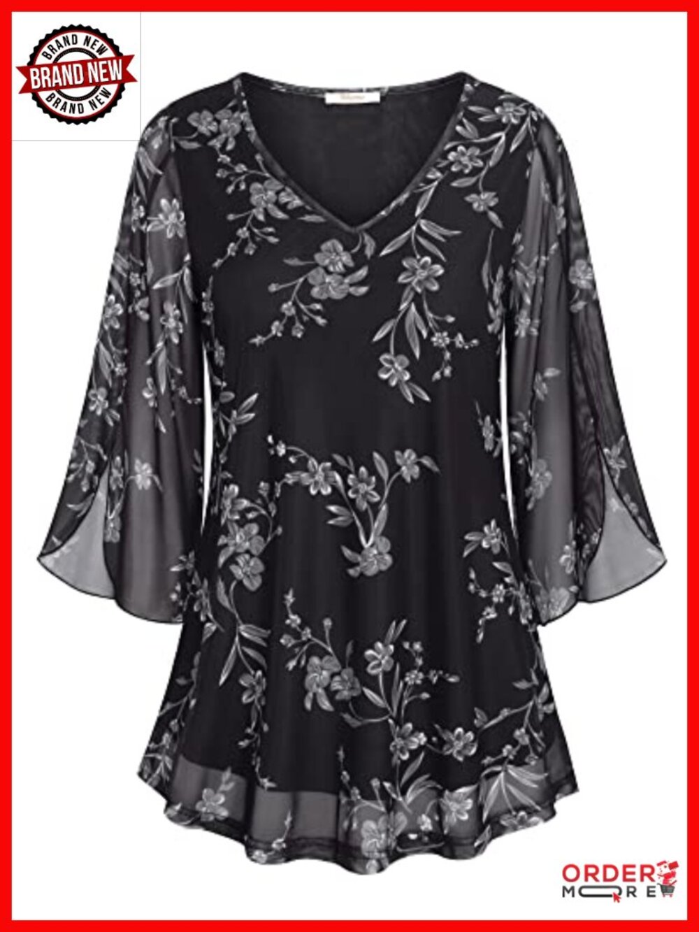 Ruffle 3/4 Sleeve V-Neck Double Layer Mesh Flowy Tunic Top Loose Fit